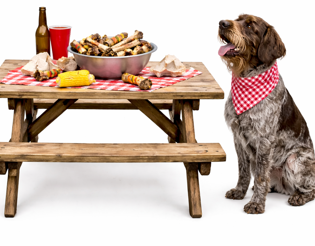 Hladový pes u piknikového stolu